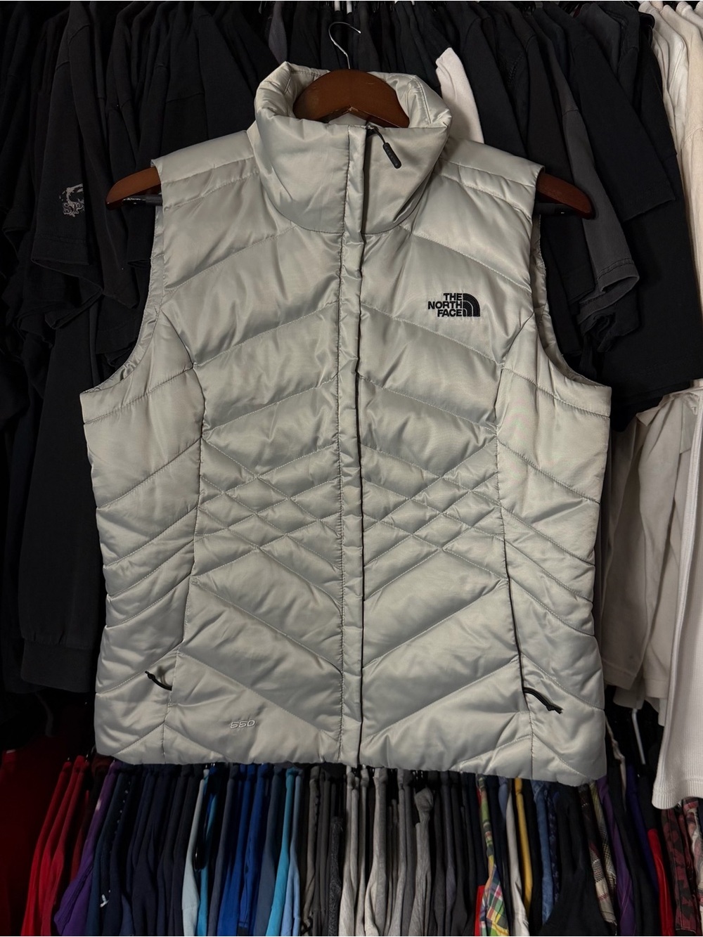 The North Face Puffer Vest Womens Medium Silver Grey 550 Gorpcore Aconcagua Zip